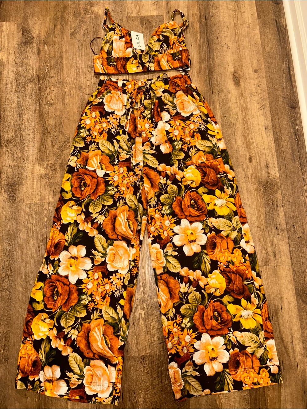 Astr Floral Wide-Leg Jumpsuit in Black, Orange and Yellow